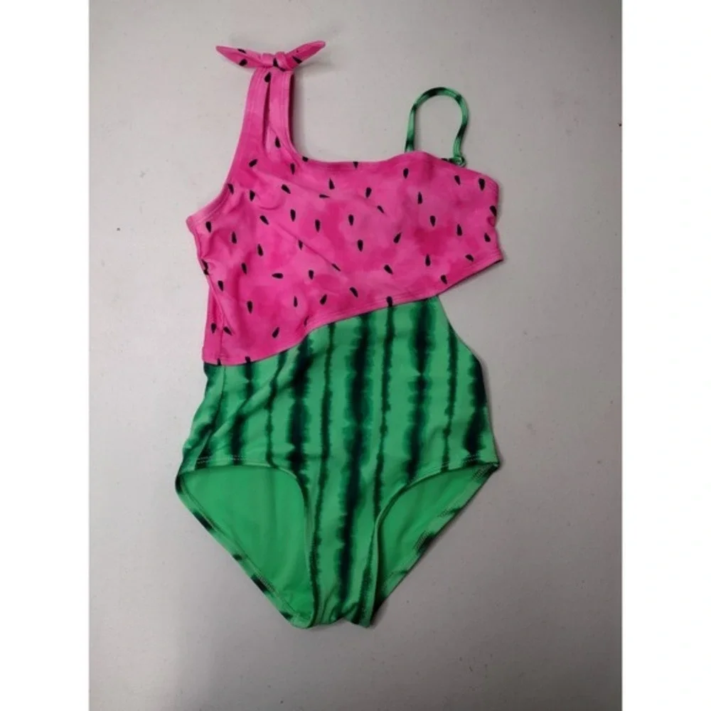 Cat & Jack Girls Watermelon One Piece Swimsuit Pink Green Cutout Size S 6/7